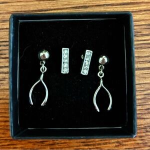 Silver Wishbone Drop Earrings & CZ Bar Stud Set | Fun Minimalist Stack